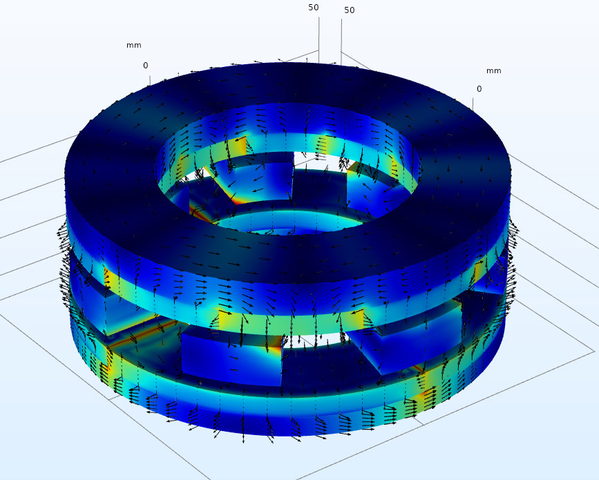 Screenshot of COMSOL multiphysics running an example model: axial field magnetic gear in 3D