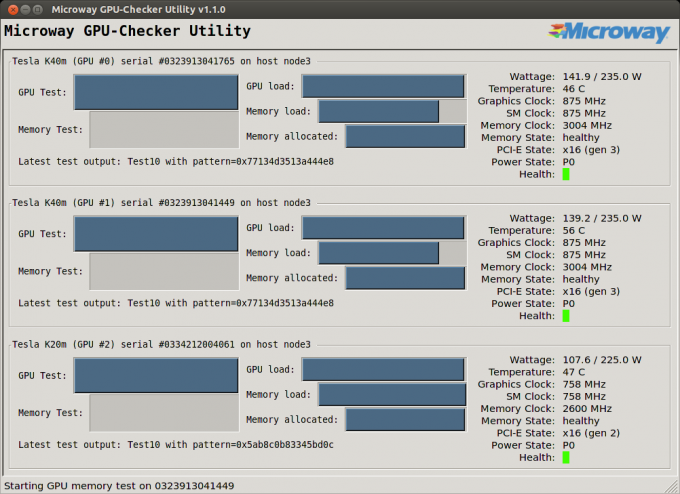 Screenshot of Tesla K40m GPUs running Microway GPU-Checker Utility