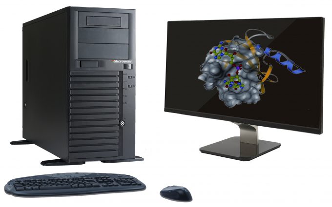 Photograph of Microway's WhisperStation Quiet Workstation running a Molecular Dynamics visualization