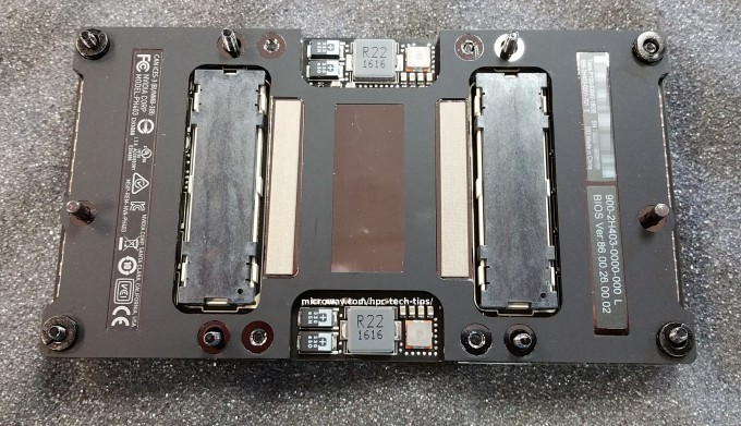 Photo of the back side of the NVIDIA Tesla P100 NVLink GPU