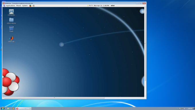Screenshot of Windows 7 running a NoMachine remote desktop session to a Linux HPC Cluster